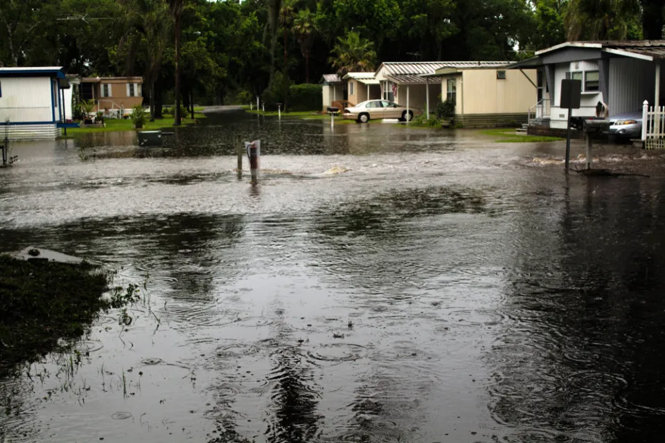 Flooded street in a mobile home community